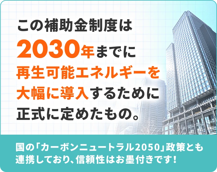 この補助金制度は2030年までに再生可能エネルギーを大幅に導入するために正式に定めたもの。